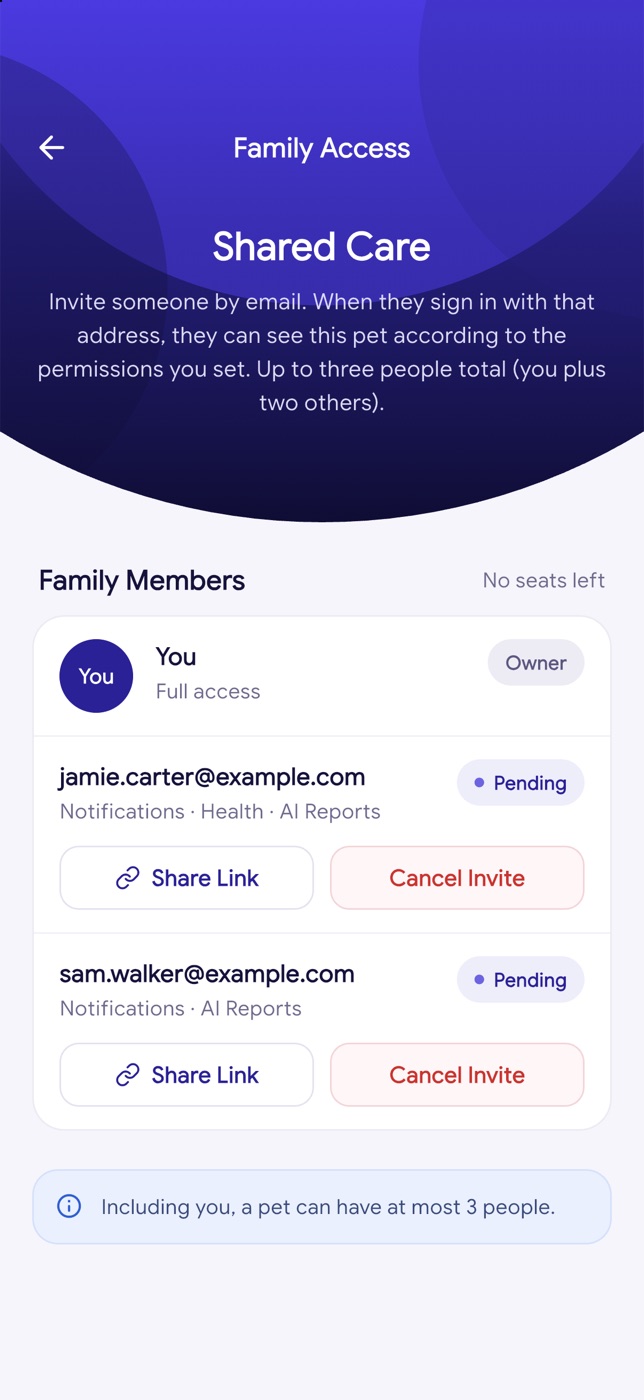 Family Access screen: owner plus two pending invites with chosen permissions