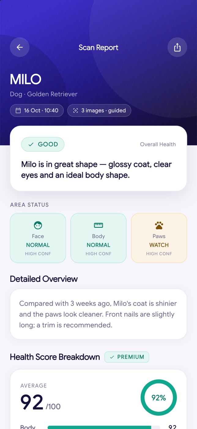 Scan report for Milo: overall health Good, face and body normal, paws to watch